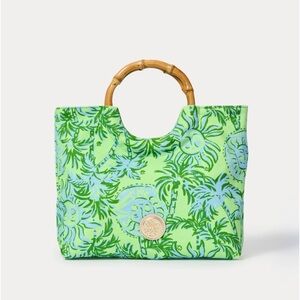 Lilly Pulitzer Lime Green and Sky Blue Tropical Bamboo-Handle Tote